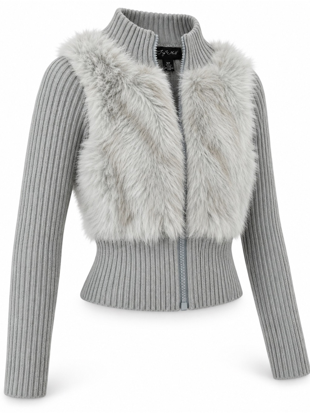 Ribbed Knit Faux-Fur Trim Zip Jacket - Light blue/gray